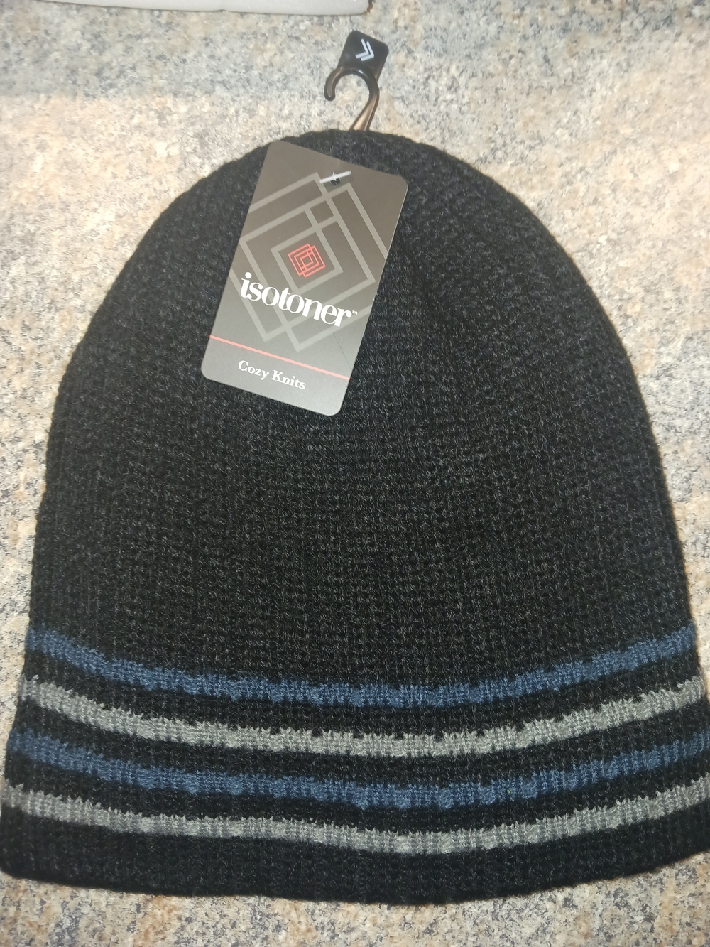 isotoner Black Beanie with Blue and Gray Stripe Accent